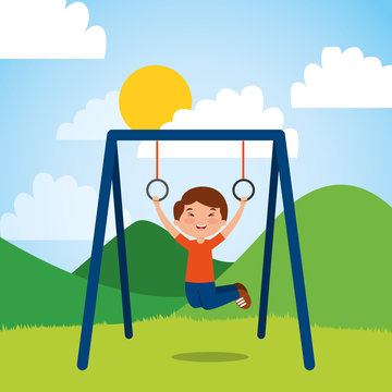 young boy hanging rings bar in the park sunny day vector illustration