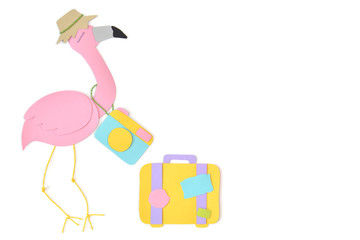 Travel flamingo paper cut on white background - isolated