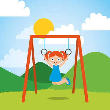 young girl playing with bar rings in the park and sunny day vector illustration