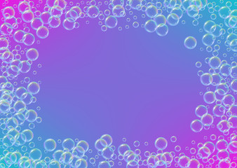 Cleaning foam on gradient background. Realistic water bubbles 3d. Cool rainbow colored liquid foam with shampoo bubbles. Horizontal cosmetic flyer and invite. Cleaning soap foam for bath and shower.