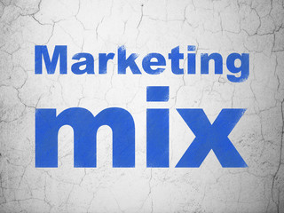 Fototapeta premium Advertising concept: Blue Marketing Mix on textured concrete wall background