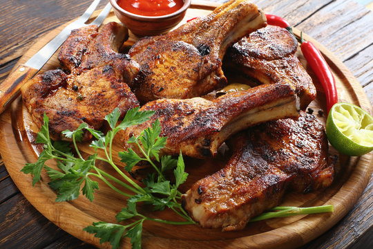 close-up of delicious juicy grilled pork cutlets