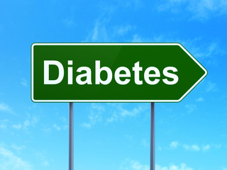 Health concept: Diabetes on green road highway sign, clear blue sky background, 3D rendering