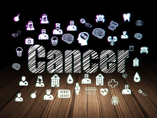 Healthcare concept: Glowing text Cancer,  Hand Drawn Medicine Icons in grunge dark room with Wooden Floor, black background