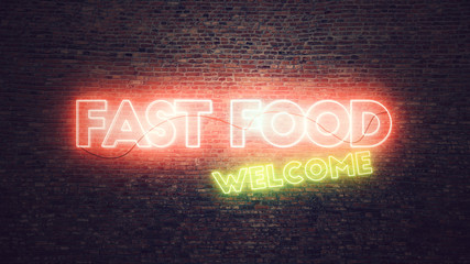 Fast Food neon sign mounted on brick wall