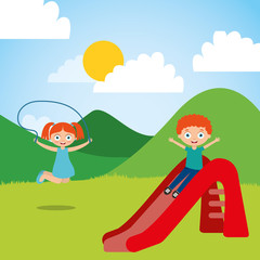 Obraz na płótnie Canvas cute happy little kids playing slide jump rope playground vector illustration