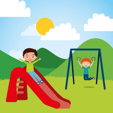 cute happy little kids playing slide jump rope playground vector illustration
