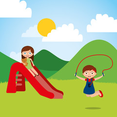 cute happy little kids playing slide jump rope playground vector illustration