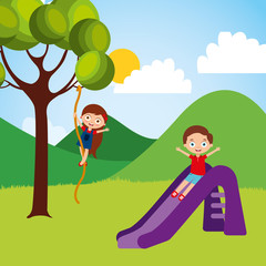 cute happy little kids playing slide climbing tree rope vector illustration