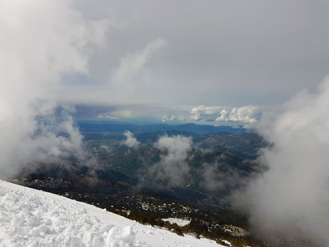 View Of The Snow-covered Mountain Vanteau In The South Of France. Snow-covered Summit. Winter Season. Europe. Place Of Tour De France. Winter 2016