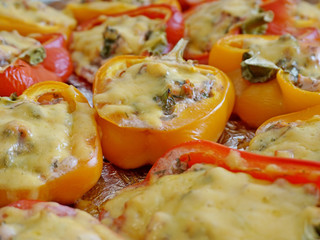 Natural home food. Meat in paprika, filled with melted cheese.