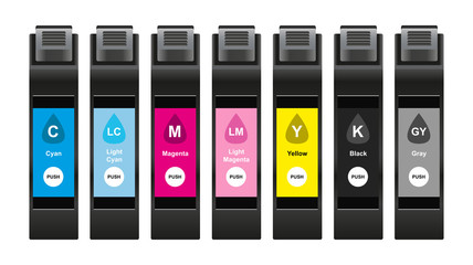 Vector illustration of CMYK ink cartridges with special light inks which consist of cyan, light cyan, magenta, light magenta, yellow, black and gray isolated on white background