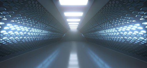 3D Rendering Of Realistic Empty Black Corridor With Grid Mesh Walls And Lights