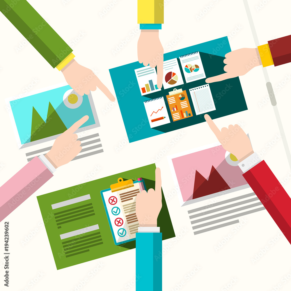 Poster creative team. human hands with graphic design on table. top view vector illustration. business conc