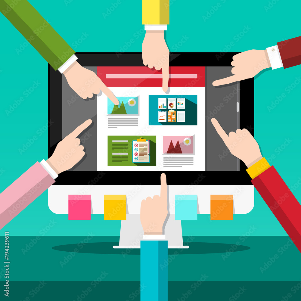 Aufkleber web design project on pc computer with human hands. vector flat design illustration.