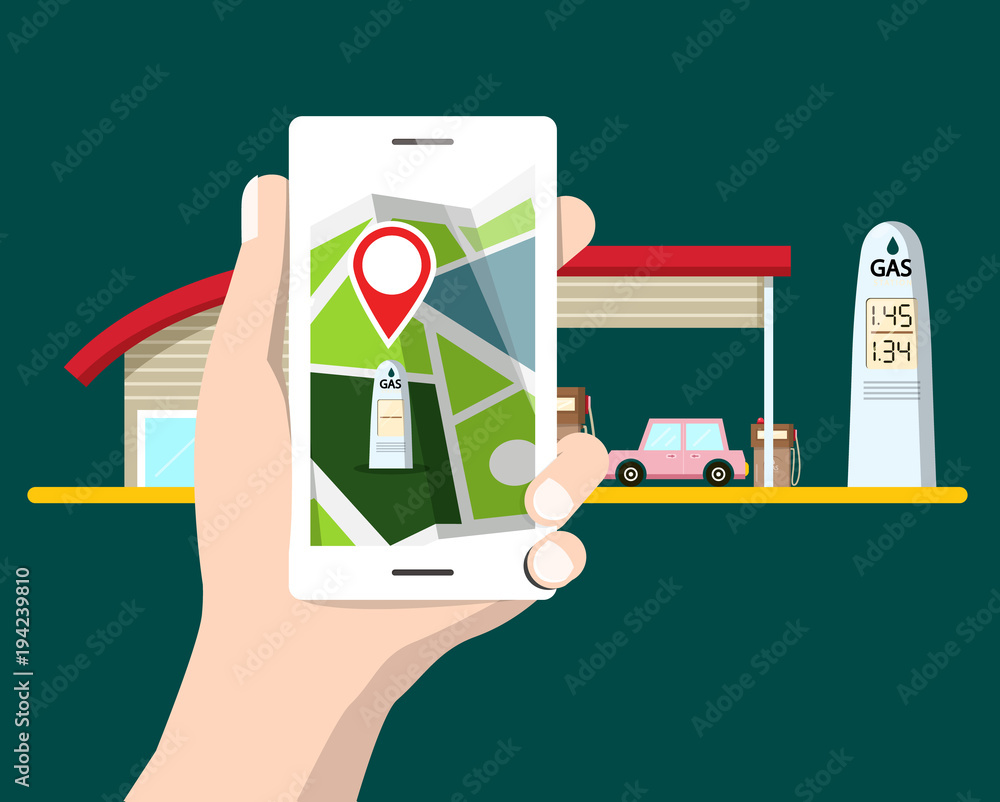 Poster flat design cellphone with gps navigation. gas station with car on background. vector map symbol.