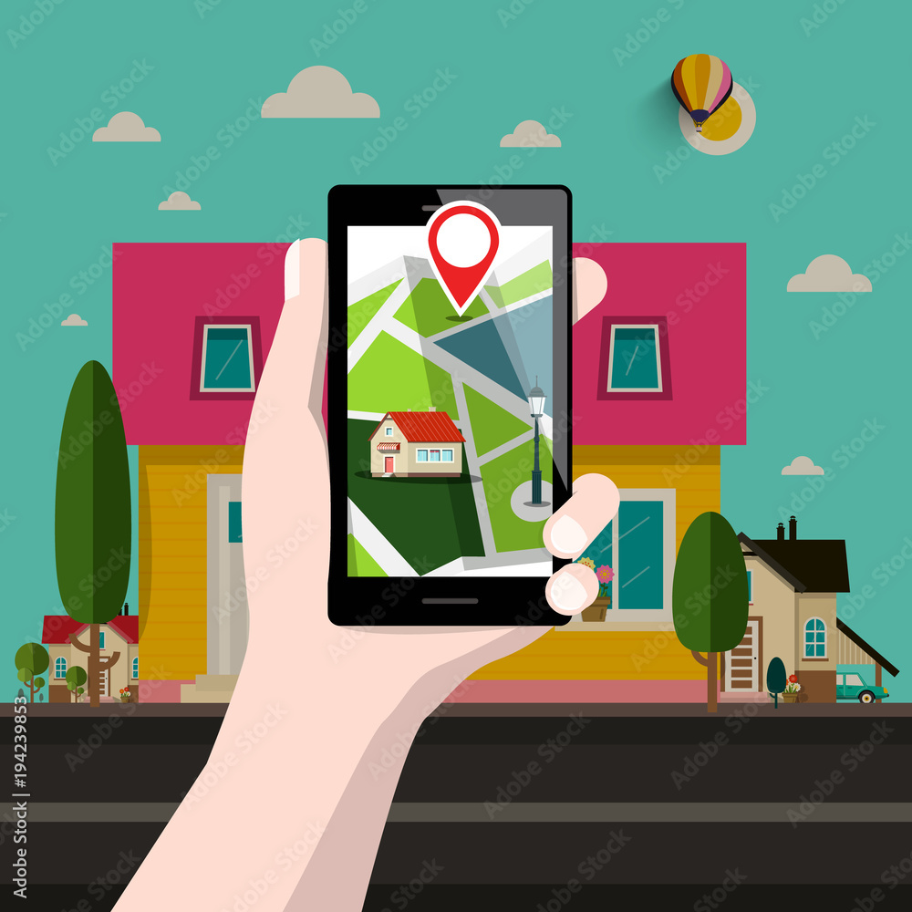 Poster house on address gps location. vector smartphone application.