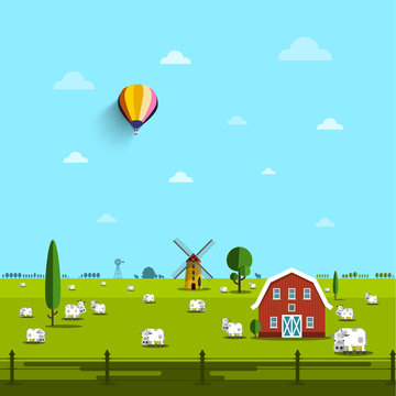 Farm with Cows on Field. Vector Rural Scene.
