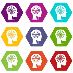 Crosshair in human head icon set color hexahedron