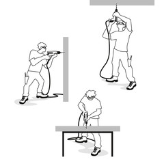 Man with electric drill making hole. Isolated on white background.