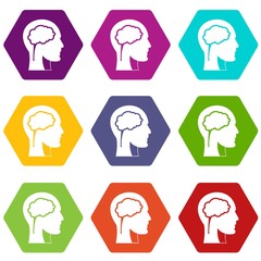 Head with brain icon set color hexahedron