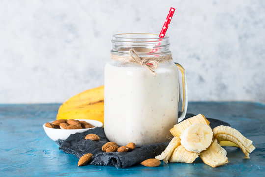 Shake or smoothie from almond milk, banana and coconut 