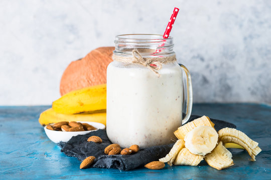 Shake or smoothie from almond milk, banana and coconut 