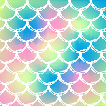 Fish scale on trendy gradient background. Square backdrop with fish scale ornament. Bright color transitions. Mermaid tail banner and invitation. Underwater and sea pattern. Rainbow colors.