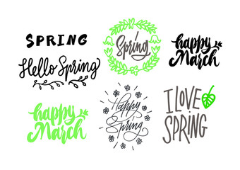 Spring Hand drawn lettering set. Big collection of brush pen inscription. Calligraphy vector ink with flower's illustration.