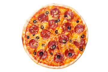 Pizza whole round, cut into pieces, on a white isolated background. Fast food in a pizzeria, a floury cheese product. View from above