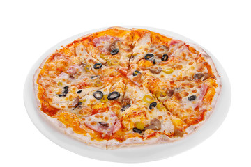 Pizza whole round, cut into pieces, on a white isolated background. Fast food in a pizzeria, a floury cheese product. Side view