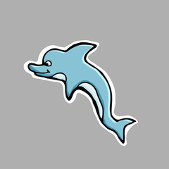 Hand drawn vector illustration. Little cute dolphin. Sticker. Cartoon patch badges.