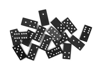 Black dominoes, pieces isolated on white background, top view