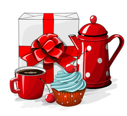 White gift boxt with red ribbon and cupcake with blue cream and cherry, cup of coffee and red tea pot on white background, illustration