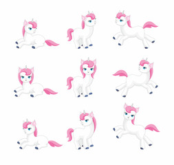 Vector set of beautiful fantastic unicorns. Colorful illustrations isolated on a white background.