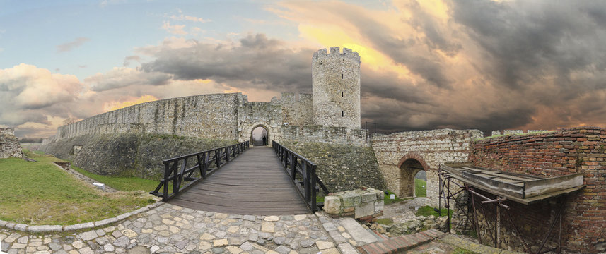 Panorama of entrance to the Kalemegdan fortress of Belgrade, Serbia with amazing clouds