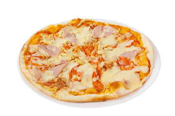 Pizza whole round, cut into pieces, on a white isolated background. Fast food in a pizzeria, a floury cheese product. Side view