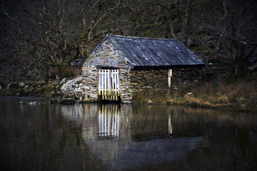 Boat House on the shore of lake, Llyn Dinas, Snowdonia, Wales