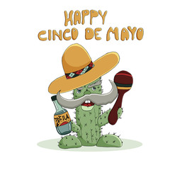 Happy Cinco de Mayo greeting card. Hand drawn vector character. Cactus in a sombrero with maracas and a bottle of tequila