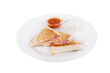 Quesadilla with chicken and tomatoes, two sauces from tomatoes and sour cream. isolated white. Side view.