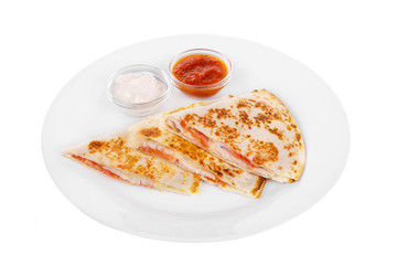 Quesadilla with chicken and tomatoes, two sauces from tomatoes and sour cream. isolated white. Side view.
