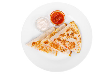 Quesadilla with chicken and tomatoes, two sauces from tomatoes and sour cream. isolated white. View from above