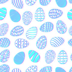 Seamless easter day egg pattern with hand drawn traditional christian light blue pink colored eggs randomly falling on white background vector illustration. Glitch effect elements
