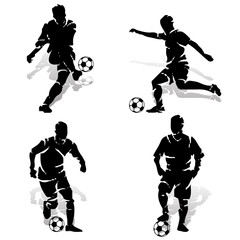 Collection of football players with ball. Silhouette on white background, vector for printing