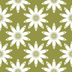 White flowers on olive green background. Ornamental seamless pattern