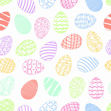 Seamless easter day egg pattern with hand drawn traditional christian colorful eggs randomly falling on white background vector illustration