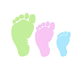 Three footprints - mom, dad and baby. The concept of family, love and care. Parenthood, motherhood, fatherhood. Vector illustration of a trace from the foot icon.