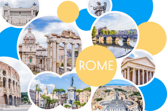 Photo collage of sunny Rome - Roman Forum, Colosseum, stone bridge of Saint Angel,  Pantheon, Piazza Venezia, St. Peter's Square  main attractions of the city, Italy.