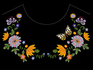Embroidery neckline pattern with butterfly and flowers. Vector embroidered floral design for fashion.