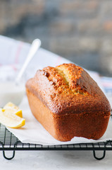 Homemade lemon poppy seed pound cake on a wire rack. White stone background.